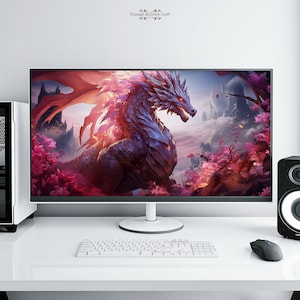 May include: A white computer monitor with a fantasy-themed image of a silver dragon with red wings in a mystical landscape. The dragon is facing right and has glowing red eyes. The background features pink and purple flowers and a distant castle.