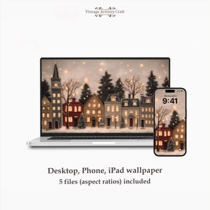 May include: A digital wallpaper featuring a winter village scene displayed on a laptop and a smartphone. The scene includes illuminated houses, trees, and falling snow. The smartphone shows the time as 9:41. The text reads "Desktop, Phone, iPad wallpaper".