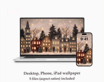 May include: A digital wallpaper featuring a winter village scene displayed on a laptop and a smartphone. The scene includes illuminated houses, trees, and falling snow. The smartphone shows the time as 9:41. The text reads "Desktop, Phone, iPad wallpaper".