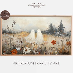 May include: A painting of two white ghosts standing in a field of wildflowers. The ghosts are semi-transparent and have large, round eyes. The field is filled with a variety of flowers, including daisies, wildflowers, and a few orange flowers. The background is a hazy forest.