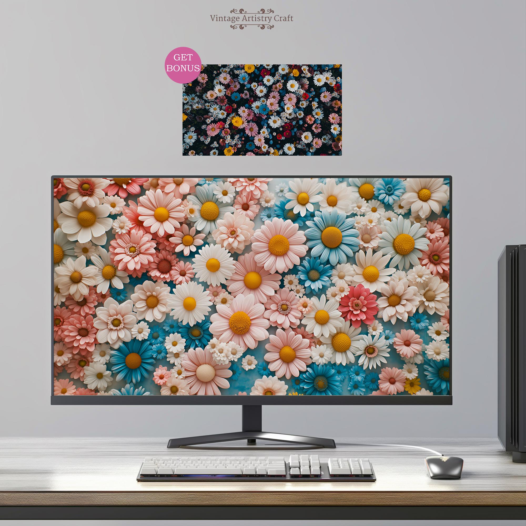 Aesthetic Floral Desktop Wallpaper, Gentle Spring Flowers, Daisy 4K PC Mac Laptop Windows Macbook Girly Background Instant Digital Download