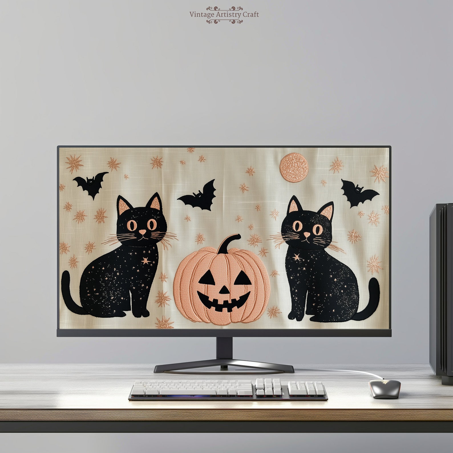 Cute Black Cats Texture Halloween Pumpkin Neutral Beige Aesthetic