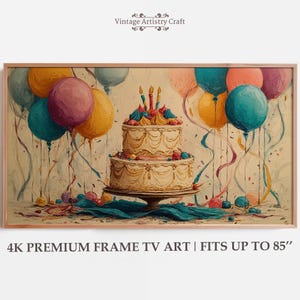 Może przedstawiać: Oprawiony wydruk przedstawiający dwupoziomowy tort urodzinowy ze świecami, otoczony kolorowymi balonami i serpentynami. Grafika ma styl vintage, z tekstem "Vintage Artistry Craft" u góry i "4K PREMIUM FRAME TV ART | FITS UP TO 85" na dole.