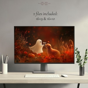 May include: A digital illustration of a friendly ghost and a dog in an autumn woodland setting. The ghost is white and has a friendly face. The dog is brown and has a playful expression. The text "boo-p" is written above the dog.