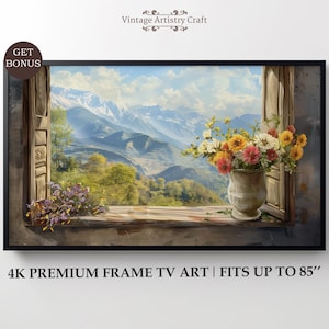 Mountains View Samsung Frame TV Art, House Window Mountain Landscape View Oil Painting, Aesthetic Flowers Decor, Instant Digital Download