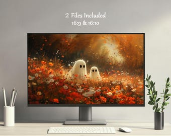 Halloween Wallpaper Cute Ghosts Wildflowers Spooky Autumn Desktop 4K PC Mac Laptop Macbook Windows Fall Background Instant Digital Download