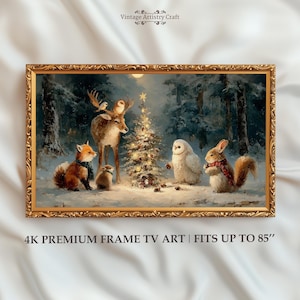 Vintage Woodland Christmas Nursery Frame TV Art, Winter Forest Animals, Rustic Animal Wall Painting, Cozy Holiday Decor, Instant 4K Download