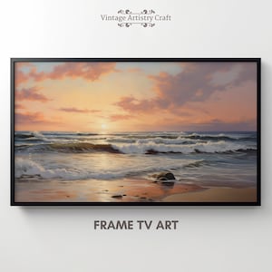 May include: A framed painting of a seascape with a sunset over the ocean. The painting features a sandy beach, waves crashing on the shore, and a cloudy sky with a golden hue.
