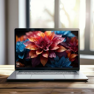 以下が含まれることがあります： 画面にカラフルな花の壁紙が設定されたラップトップコンピューター。花は、水滴がついた赤、オレンジ、黄色、青の花びらの鮮やかな組み合わせです。
