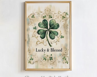 Printable St. Patrick's Day Vintage Lucky Clover Wall Art Decor, Green Shamrock Oil Painting, Spring Farmhouse Decor, Rustic Irish Download