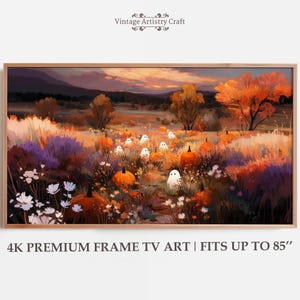 May include: A framed digital art print featuring a vibrant autumn landscape with pumpkins, ghosts, and colorful foliage. The artwork has a warm color palette of orange, purple, and yellow. The text at the bottom reads "4K PREMIUM FRAME TV ART | FITS UP TO 85".