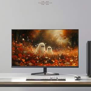 Halloween-tapet Söta spöken Vildblommor Kusliga höstskrivbord 4K PC Mac Laptop Macbook Windows Höstbakgrund Direkt digital nedladdning