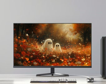 Halloween Wallpaper Cute Ghosts Wildflowers Spooky Fall Desktop 4K PC Mac Laptop Macbook Windows Autumn Background Instant Digital Download