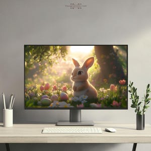 Puede incluir: Un monitor de computadora que muestra una ilustración digital de un conejo marrón sentado en un campo de flores y hierba verde. El conejo está mirando hacia la izquierda de la imagen. Hay huevos de Pascua coloridos esparcidos alrededor del conejo.