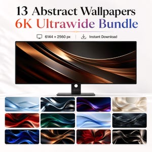May include: A digital bundle of 13 abstract wallpapers for ultrawide monitors, featuring 6K resolution at 6144 x 2560 px. The display shows a sample wallpaper with flowing copper and black curves, while twelve smaller thumbnails display various color palettes.