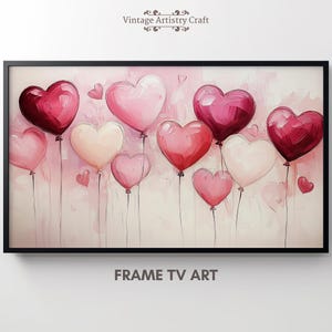 Samsung Frame TV Art, Pink Heart Balloons, Valentine&#39;s Day, Love Romance, Winter Spring TV Decor, Vintage Oil Painting, 4K Digital Download
