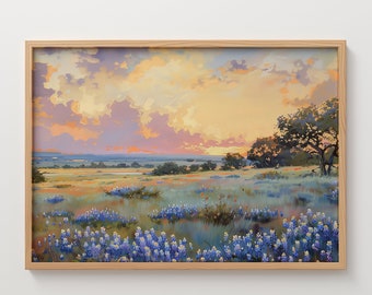 Paisagem de campo de flores silvestres para impressão, pintura a óleo vintage, arte de parede estética de fazenda, impressão de arte de paisagem campestre, download digital