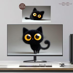 May include: A computer monitor displays a cartoon image of a black cat with large yellow eyes. The cat has fluffy fur and a curved tail. A smaller image of the cat is above the monitor. A keyboard and mouse are on the desk.