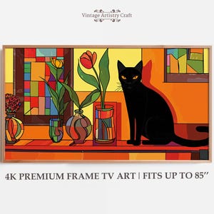 Geometrische Schwarze Katze Samsung Rahmen TV Kunst Tulpen Blumen Moderne Stained Glass Style Katzenliebhaber Wohnkultur Bunte Kunstwerk 4K Digital Download