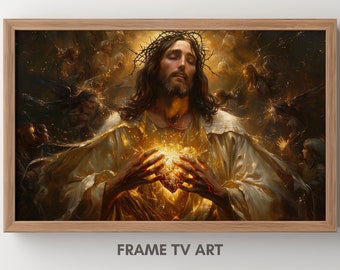 Frame TV Art Jesus with His Sacred Heart Christian Religious Oil Painting Instant Download Smart TV Wallpaper Digital Wall Art Angels Decor