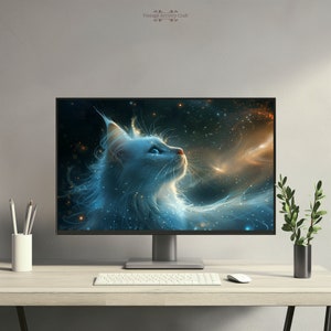 Kosmische Katze Ästhetik Desktop Hintergrundbilder 4K PC Macbook Laptop iMac Windows Süß Minimalistischer Desktop Hintergrund QUARZ Digital Instant Download