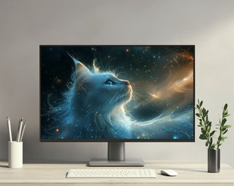 Kosmisk katt estetisk skrivbordsbakgrund 4K PC Macbook Laptop iMac Windows Söt minimalistisk skrivbordsbakgrund HQ Digital direktnedladdning