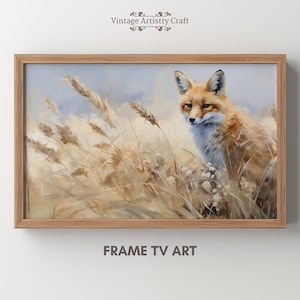 May include: A framed painting of a red fox sitting in tall, dry grass. The fox is looking directly at the viewer with a curious expression. The background is a soft blue and white.
