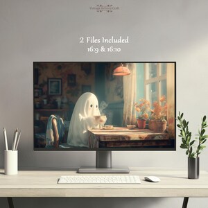 May include: A computer monitor displays a whimsical illustration of a ghost enjoying a cup of tea at a table. The scene is set in a cozy room with a window, flowers, and a warm color palette. Text on the screen reads "2 Files Included 16:9 & 16:10".