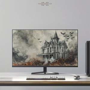 May include: A digital illustration of a spooky, white, Victorian-style house with a gabled roof and a large porch. The house is surrounded by trees and bushes, and there are bats flying in the sky. The image is in a watercolour style, with soft, muted colours.