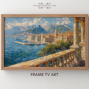 Monaco Hafen Vintage Ölgemälde Rahmen TV Kunst Landschaft Meer Stadtansicht Samsung Der Rahmen Ästhetische Wanddekor Sofortiger digitaler Download