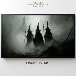 May include: Three shadowy figures wearing pointed hats and holding staffs walk through a foggy forest. Their glowing orange eyes are visible in the darkness.