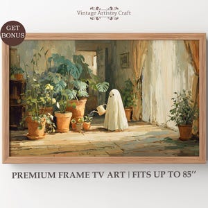 Könnte beinhalten: Ein gerahmter Kunstdruck zeigt einen Geist, der Topfpflanzen gießt. Das Kunstwerk zeigt einen sonnendurchfluteten Innenraum mit Terrakottatöpfen und dem Text "PREMIUM FRAME TV ART | FITS UP TO 85". Der Rahmen ist aus Holz.