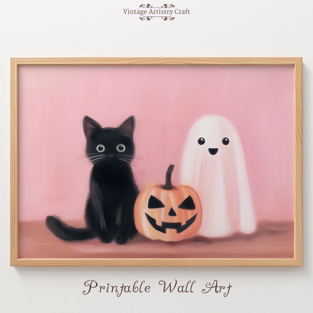 Cute Halloween Wall Art Printable, Black Cat and Ghost Pink Print ...