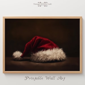 Printable Santa Hat Christmas Wall Art Decor Vintage Santa Claus Print Oil Painting Red Santa Wall Decor Xmas Rustic Festive Antique png