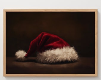 Printable Santa Hat Christmas Wall Art Decor Vintage Santa Claus Print Oil Painting Red Santa Wall Decor Xmas Rustic Festive Antique png