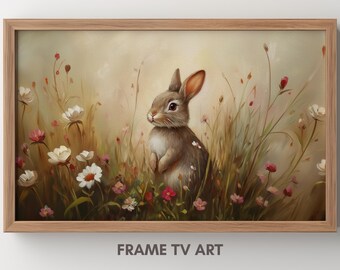 Spring Samsung Frame TV Art, Easter Bunny Painting, Moody Classy Decor, Country Farmhouse, Rabbit in Wildflowers 4K Neutral Digital Download