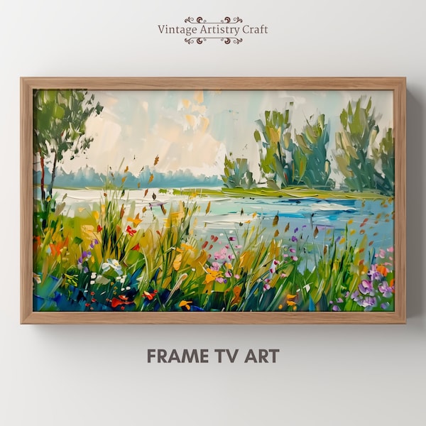 Grassland Wildflowers Samsung Frame TV Art, Spring Field Of Flowers, Floral Lake TV Art, Spring Decor Oil Painting Countryside TV Art