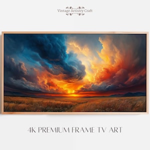 May include: A digital painting of a dramatic sunset over a field of tall grass. The sky is filled with vibrant orange, red, and blue clouds, creating a sense of awe and wonder. The sun is setting in the distance, casting a warm glow over the landscape.