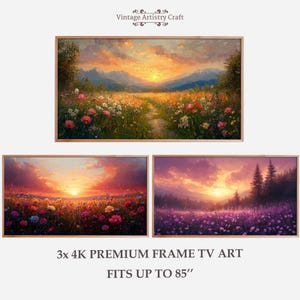 May include: Three framed landscape paintings with sunset scenes. The top painting shows a path through a field of wildflowers leading to mountains. The bottom paintings depict similar sunset scenes with fields of flowers. Text reads "3x 4K PREMIUM FRAME TV ART FITS UP TO 85".