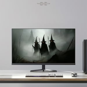 May include: A computer monitor displaying a digital illustration of three witches wearing black pointed hats and robes, walking through a foggy forest. The witches have glowing orange eyes.
