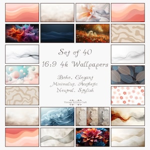 Puede incluir: Un conjunto de 40 fondos de pantalla digitales en formato 16:9. Las imágenes presentan diseños abstractos, motivos florales y paletas de colores neutras. El texto en la imagen dice "Set of 40 16:9 4k Wallpapers" y "Boho, Elegant, Minimalist, Aesthetic, Neutral, Stylish."