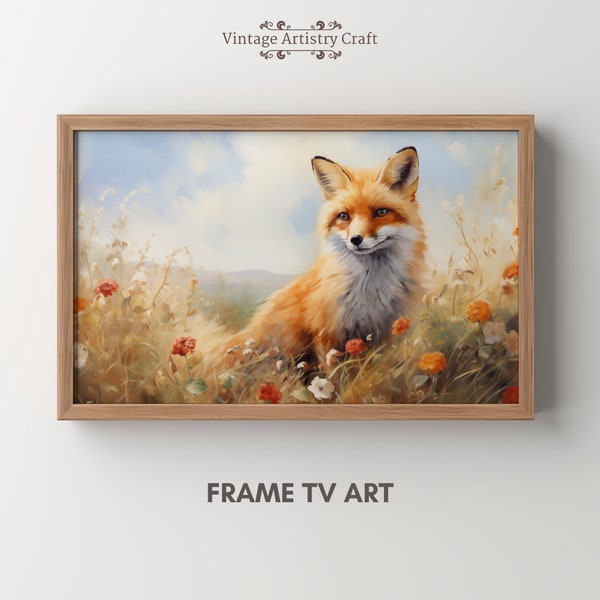 Frame TV Art, Rustic Vintage Art, Charming Fox in Wheat Field, Farmhouse Artwork for TV, Soft Warm Colors Vintage Decor