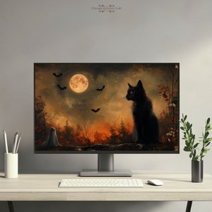 May include: A digital illustration of a black cat sitting in a forest with a full moon in the background. A white ghost is in the foreground. Bats fly in the night sky.
