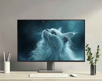 Kosmisk katt estetisk skrivbordsbakgrund 4K PC Macbook Laptop iMac Söt minimalistisk kattunge skrivbordsbakgrund HQ HD digital direktnedladdning