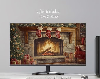 May include: A digital illustration of a fireplace with stockings hung on the mantle. The fireplace is lit and there is a Christmas tree in the background. The image is set in a living room with a red armchair and presents under the tree. The text "2 files included: 16x9 & 16x10" is displayed above the image.