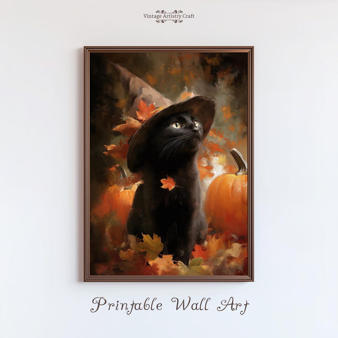 Printable Black Cat Halloween Digital Print, Cute Witch Hat Spooky ...