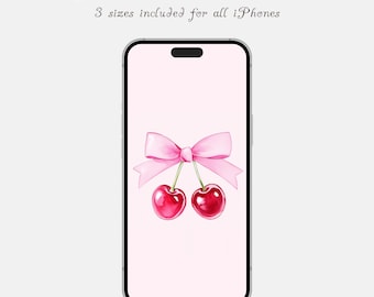 Valentine's Day iPhone Wallpaper Cute Cherries Romantic Pink Bow Love Background Minimalist Locksreen Screensaver Instant Digital Download