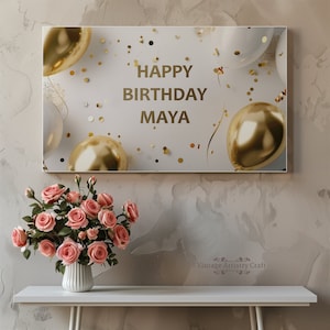Cornice TV Samsung personalizzata, cornice TV con scritta &quot;Buon compleanno&quot;, cornice TV con palloncini dorati per il compleanno, festa di compleanno con scritta personalizzata, TV con download digitale