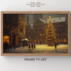 May include: A snowy, nighttime scene of a European city square with a large, illuminated Christmas tree in the centre. The tree is decorated with golden lights and a star on top. Buildings with warm, glowing windows line the square, and people are walking around. The scene is painted in a realistic style with a soft, warm colour palette.