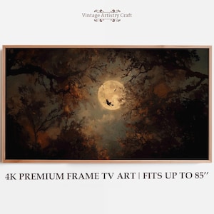 May include: A rectangular framed digital artwork for a television screen featuring a dark, atmospheric forest scene at night with a large, glowing full moon. A silhouette of a witch on a broomstick flies across the moon. Text reads: Vintage Artistry Craft, 4K PREMIUM FRAME TV ART | FITS UP TO 85".